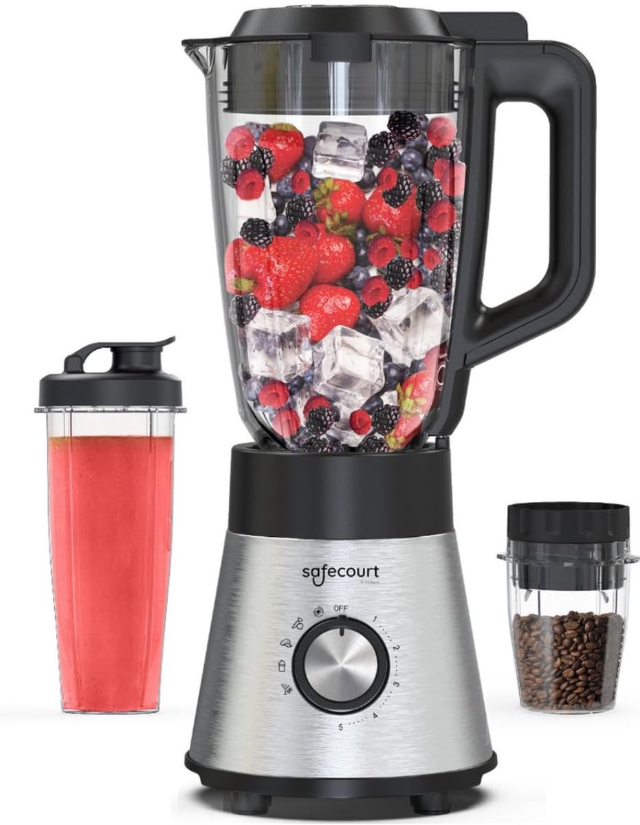 Blender 1300W – 5 Programma’s – 1,5L Glazen Kan – Smoothie Maker – Sportbeker – Koffiemolen