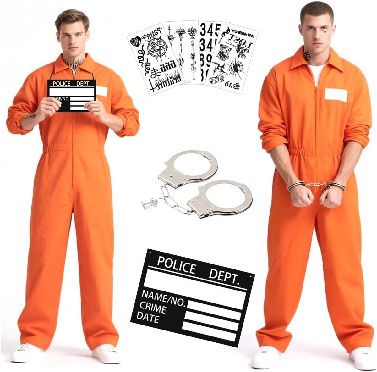 Oranje gevangenis kostuum voor mannen met naamlabel en handboeien - Perfect voor Halloween, carnaval en cosplay evenementen