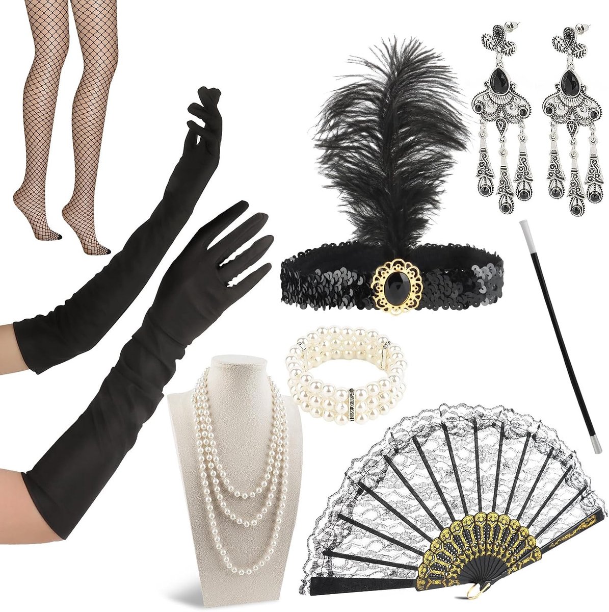 1920s Accessoire Set voor Vrouwen - 10-delig Charleston Kostuum met Flapper Hoofdband, Ketting en Oorbellen - Gatsby Themed Party Decoratie