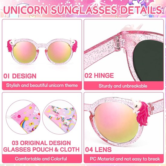 Unicorn Zonnebril voor Meisjes met UV-bescherming voor Kinderen van 3 tot 10 Jaar, Inclusief Zachte Pouch en Doek voor Strand, Feestjes en Verjaardagen — afbeelding 2