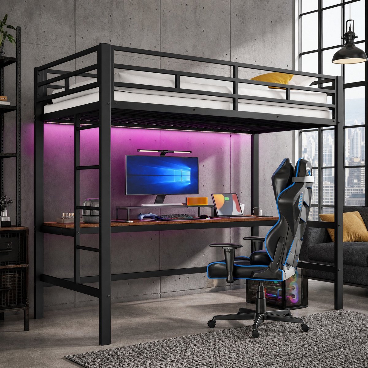 COVREO Hoogslaper met bureau – 90x200 cm – Kinderbed met ladder – Met LED en USB – Zwart - zonder matras
