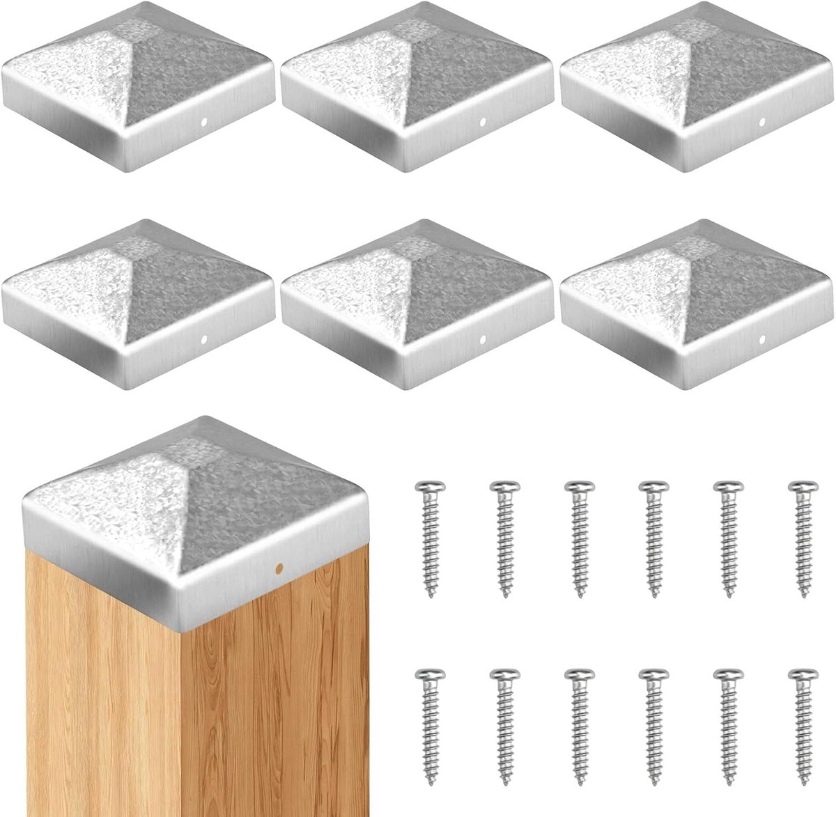 Set van 6 Post Caps 7 x 7 cm Gegalvaniseerde Metalen Hoofden voor Houten Palen, Piramidevormige Deksel met 24 Schroeven, Ideaal voor Tuinhekken en Buitenprojecten