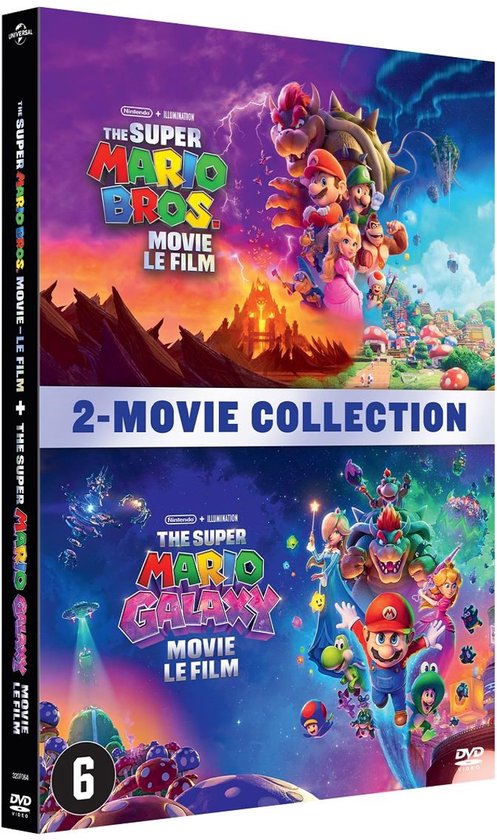 Dubbelpakket DVD van 'The Super Mario Bros. Movie' en 'The Super Mario Galaxy Movie'.