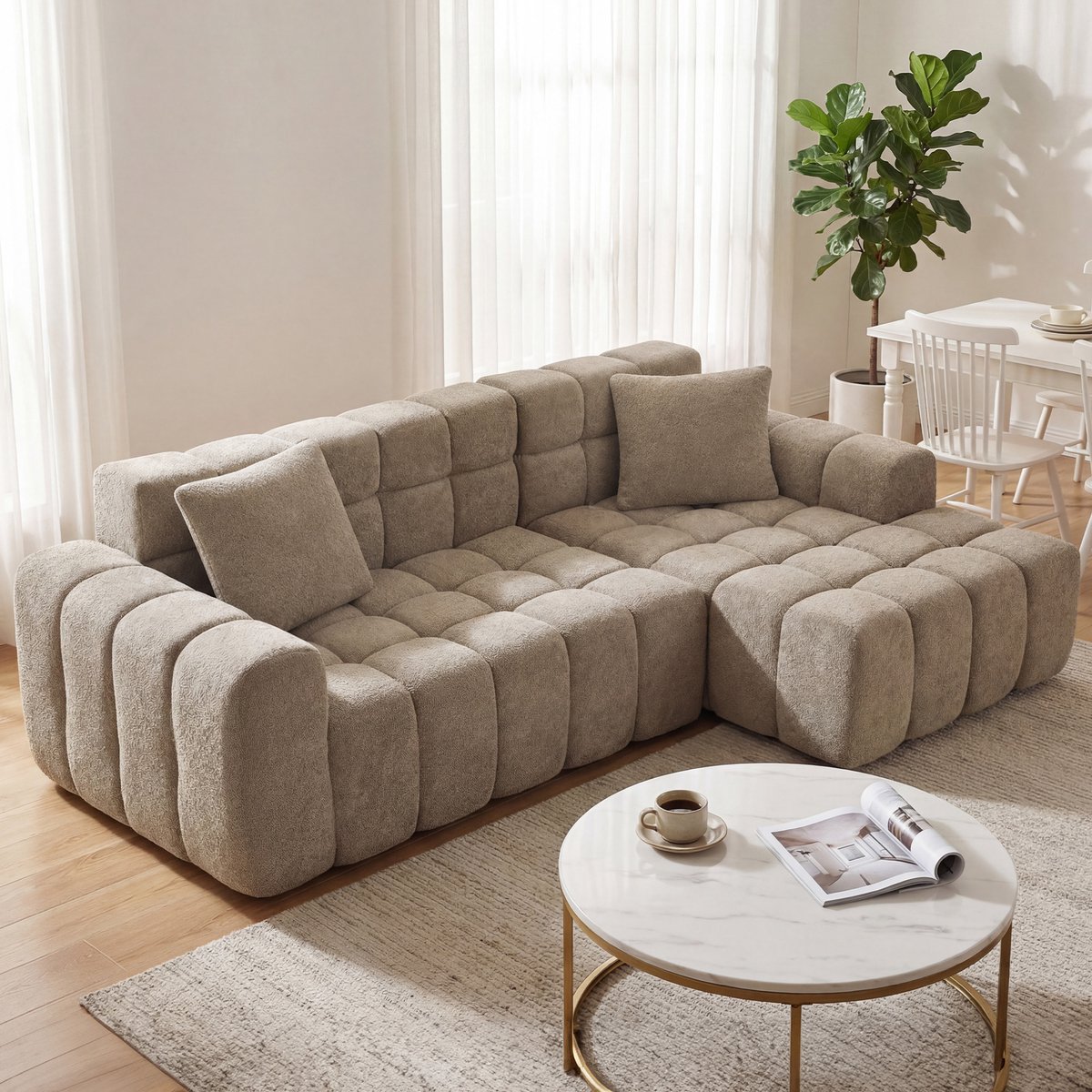 OKWISH L-vormige Slaapbank 249,94 cm - Modulair Opstelbaar - Voor Woonkamer en Appartement - Fluweel - Bruin