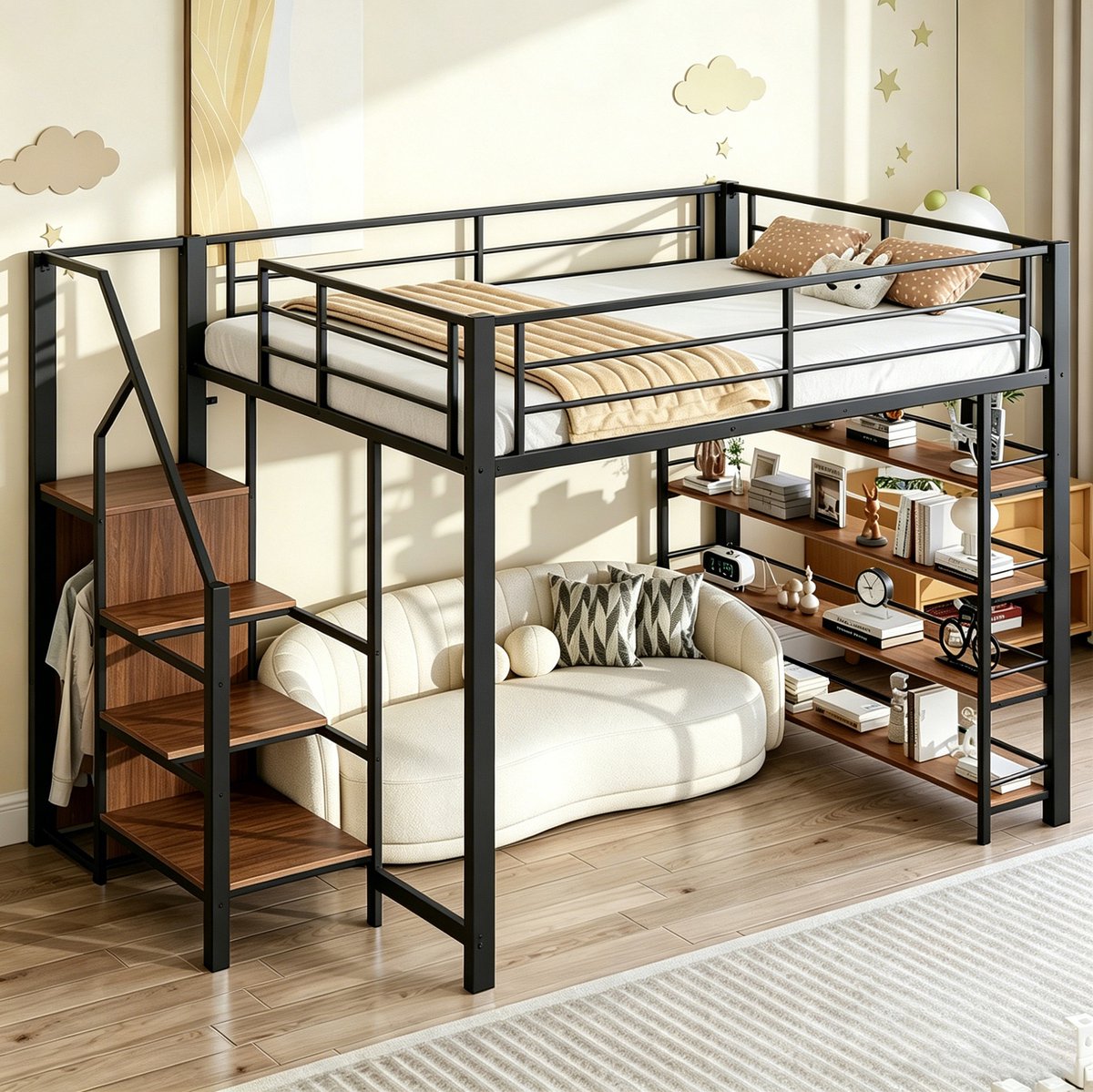 Hoogslaper 140x200 cm - Bedframe met Veiligheidstrap, Opbergruimte En Kledingkast - Voor Kinderkamer En Tienerkamer - Metaal - Zwart - Zonder matras