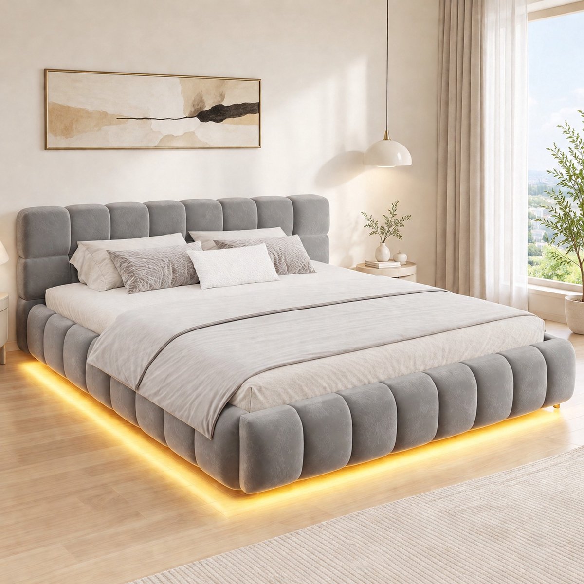 Gestoffeerd Bed 160x200cm Met Matras Zonder Matras - Tweepersoonsbed Met Verlichte Lichtstrip En Hydraulische Opbergruimte - Voor Slaapkamer En Logeerkamer - Stof - Grijs