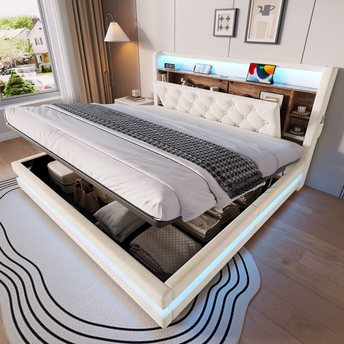 REDOM - Bedframe met opbergruimte - Multifunctioneel hoofdeinde met open planken en verborgen vak - Hydraulisch opklapbaar bed - LED-verlichting - Samt - Beige - 180 x 200 cm
