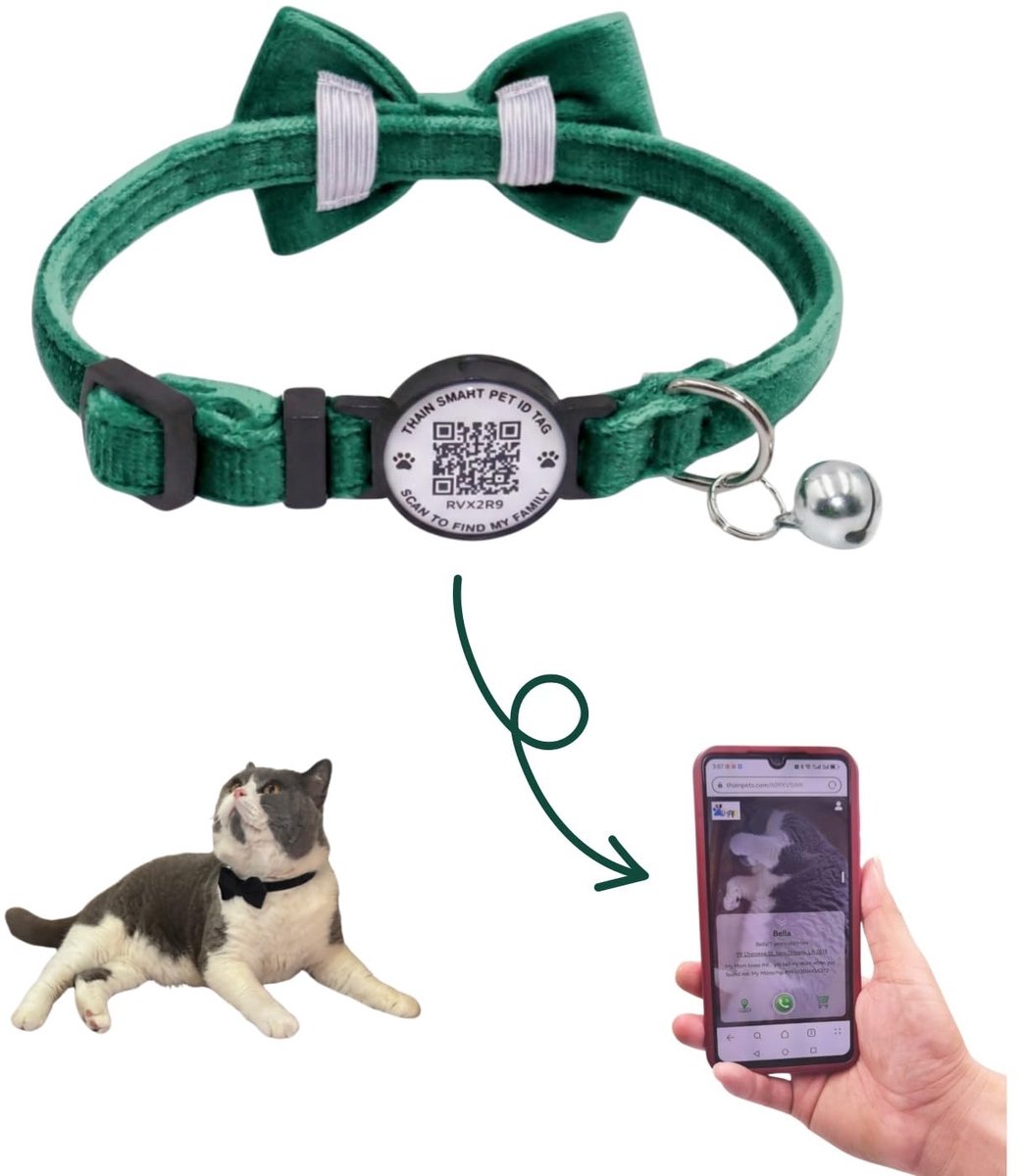 THAIN Gepersonaliseerde kattenhalsband met bel en strikje Breakaway QR-codenaam Smart ID-tag snelsluiting zachte - ShopVlot