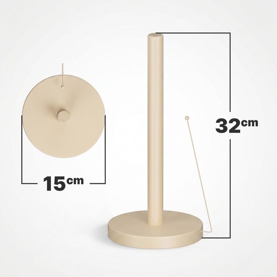 Afmetingen van de beige keukenrolhouder: 15cm breed, 32cm hoog. Met anti-rol arm.