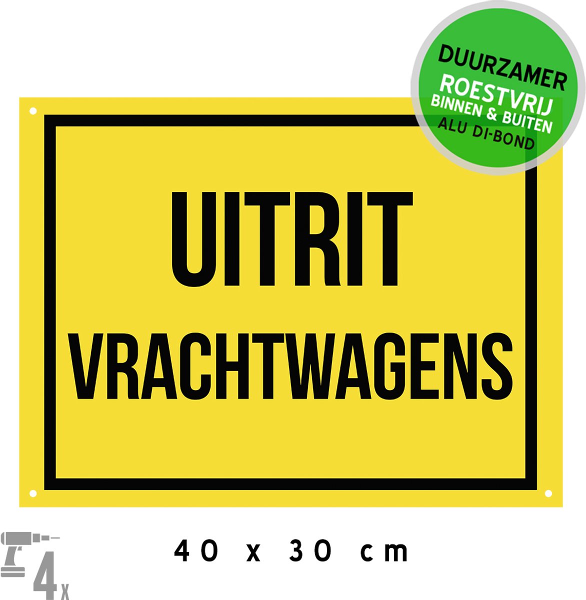 Pictogram/ bord Dibond + boorgaten | "Uitrit vrachtwagens" | 40 x 30 cm | Werfzone | Logistiek | Vertraag | Vrachtauto | Bouwwerf | Werfzone | Duurzaam materiaal | Roestvrij | 1 stuk