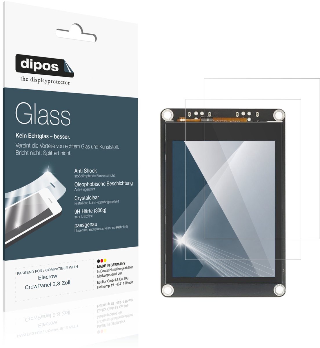 dipos – 2x Pantserfolie geschikt voor Elecrow CrowPanel 2.8 Zoll | 9H Screenprotector