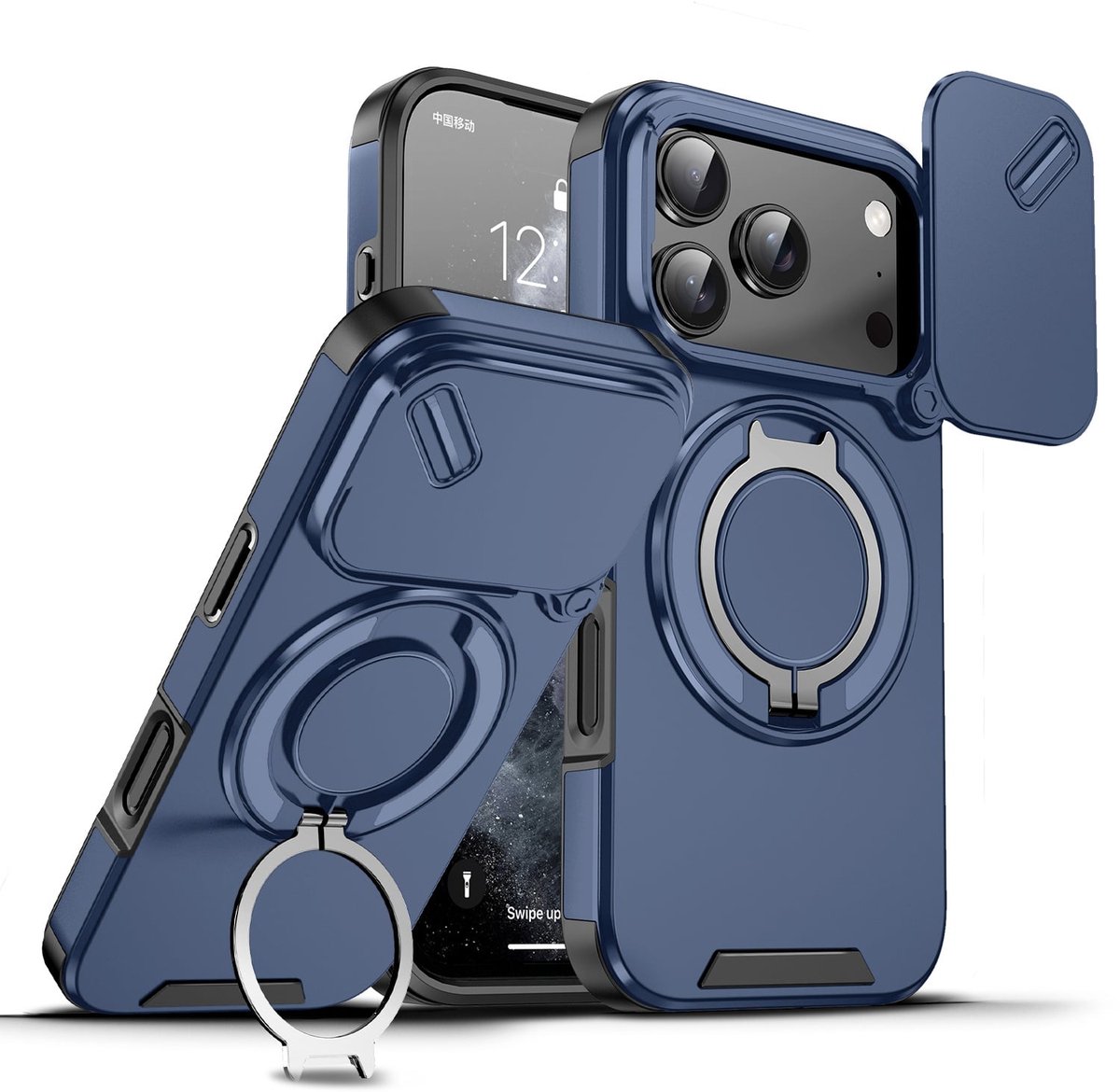 Hoesje Geschikt voor iPhone 18 Pro Hoesje - Blauw Hybrid Armor, Schokbestendig met Ringhouder & Kickstand, Verhoogde Camerabescherming – voor MagSafe - Ntech