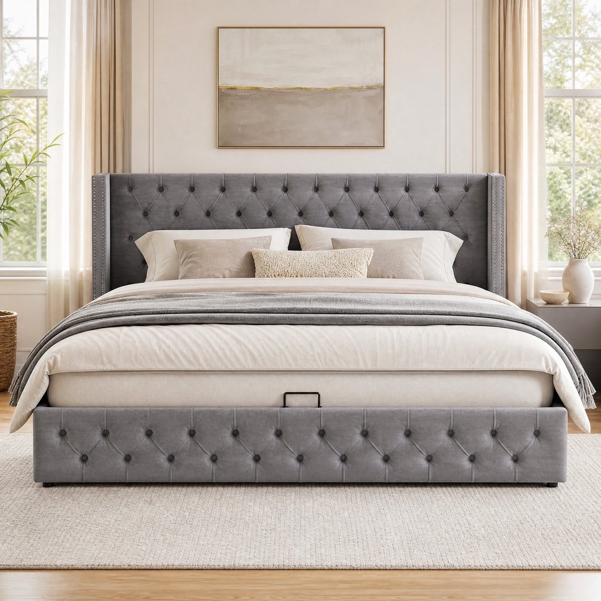 COVREO Bedframe met hydraulische opbergruimte – 140x190 cm – Normaal bed van stof – voor volwassenen – Grijs - zonder matras