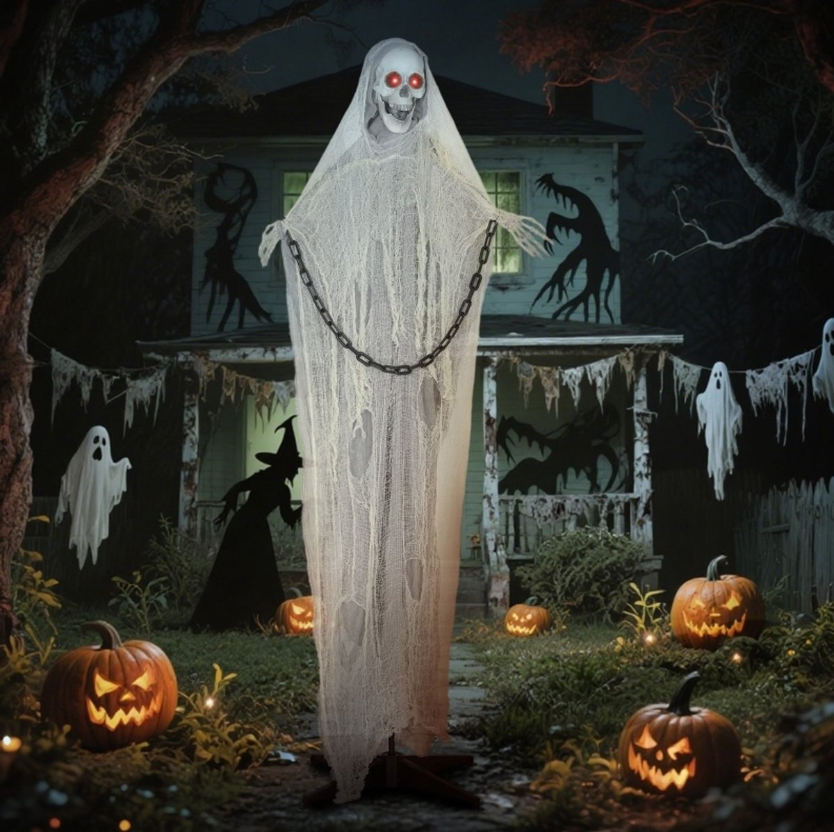 Halloween Decoratiefiguur Skeletten Sensenman 183 Cm Met Led Ogen En Geluid Staal Grijs Voor Deur Tuin En Feest Griezeldecoratie