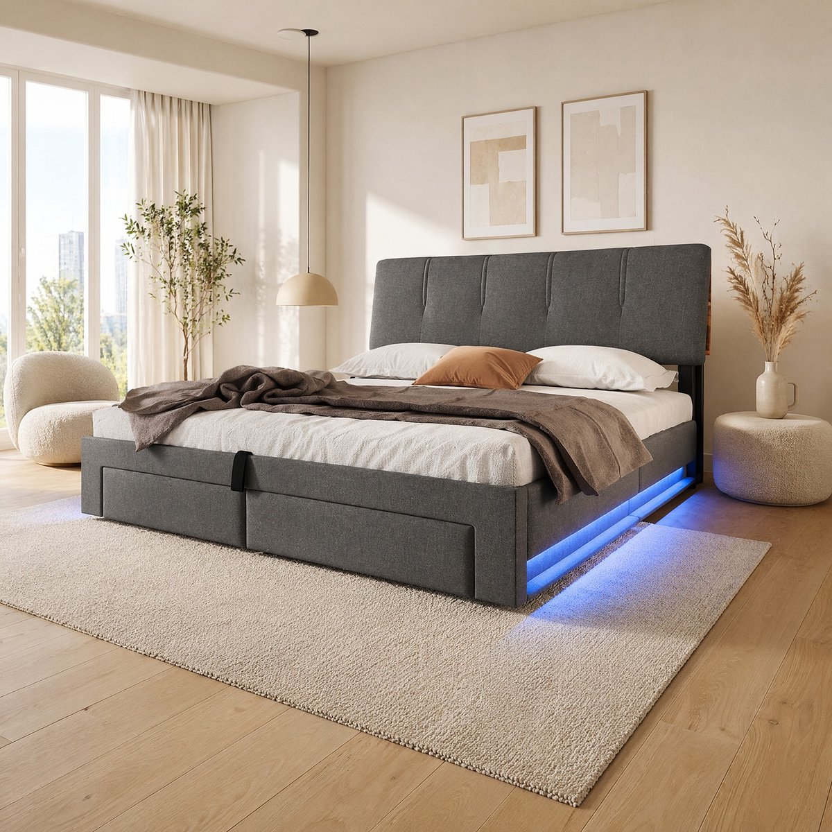 COVREO Bedframe met hydraulische opbergruimte en USB-C – 140x200 cm – Stof en MDF – voor tweepersoons gebruik – Grijs - zonder matras