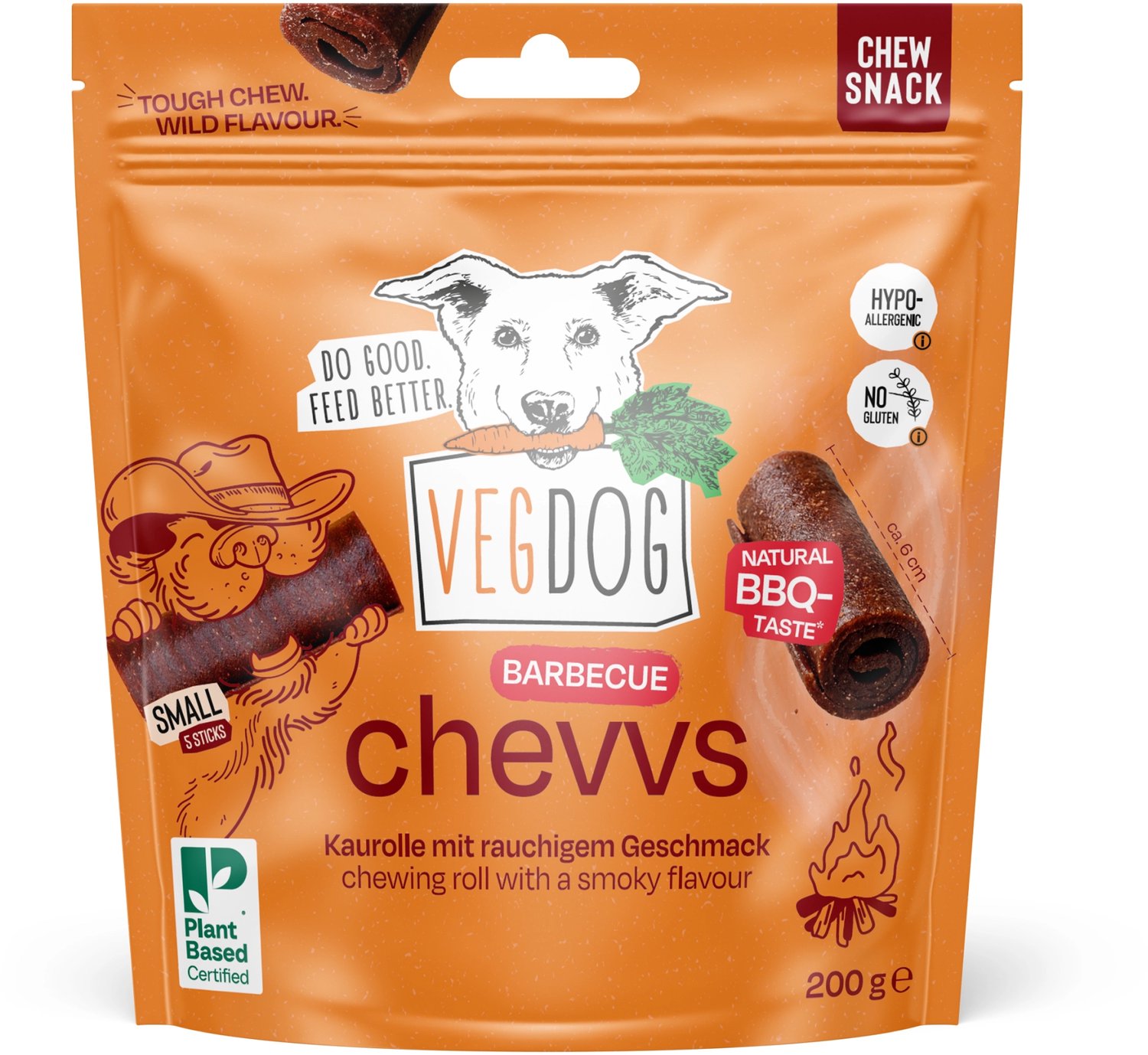 VEGDOG Chevvies Small - Vegan Kauwsnacks voor Honden - BBQ Smaak met Gerookte Paprika - Hypoallergeen & Vetarm - Voor Kleine Honden
