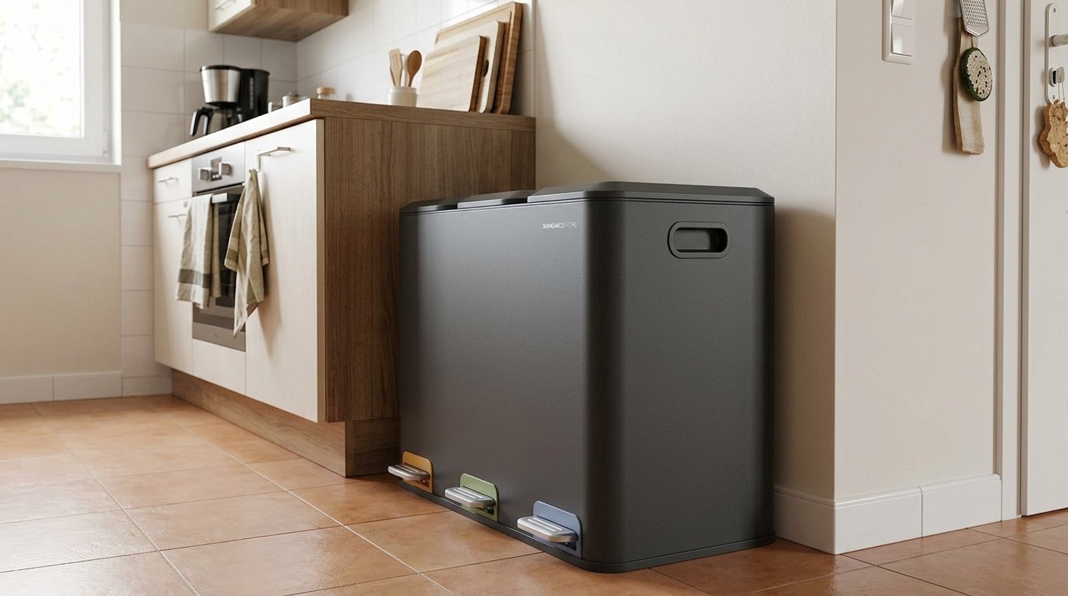 Prullenbak 3 Vakken - Afvalscheidingssysteem 45 Liter (3 x 15L) - Pedaalemmer Keuken met Kleurgecodeerde Pedalen & Soft-Close Deksel - Inktzwart - Laura Homestore