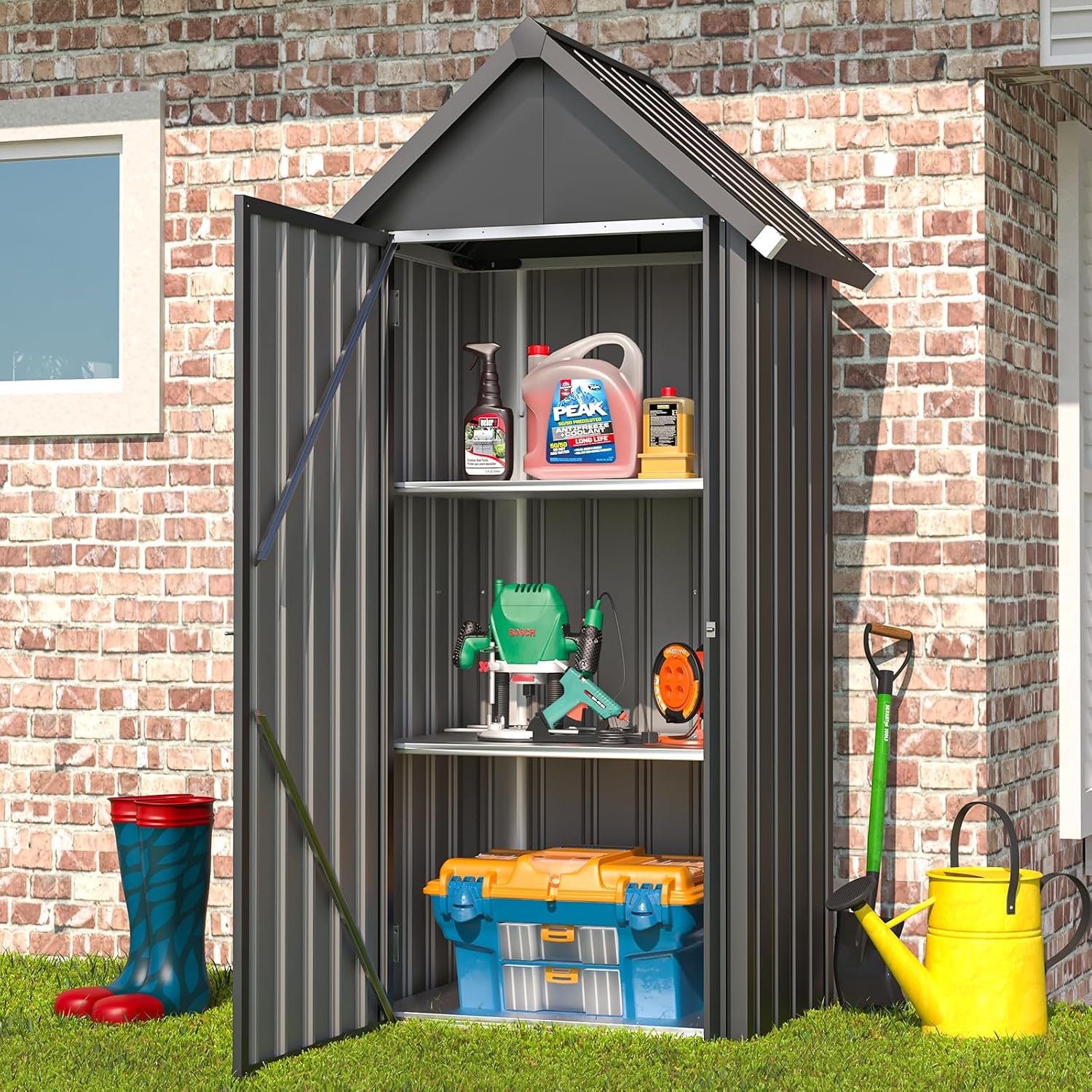 Metalen Tuinkast Laura Homestore – Tuinschuur met 3 Verstelbare Planken, Schuifdeuren en Sokkel – Weerbestendige Gereedschapskast voor Tuin, Schuur en Garage – 84 x 65 x 177 cm – Grijs