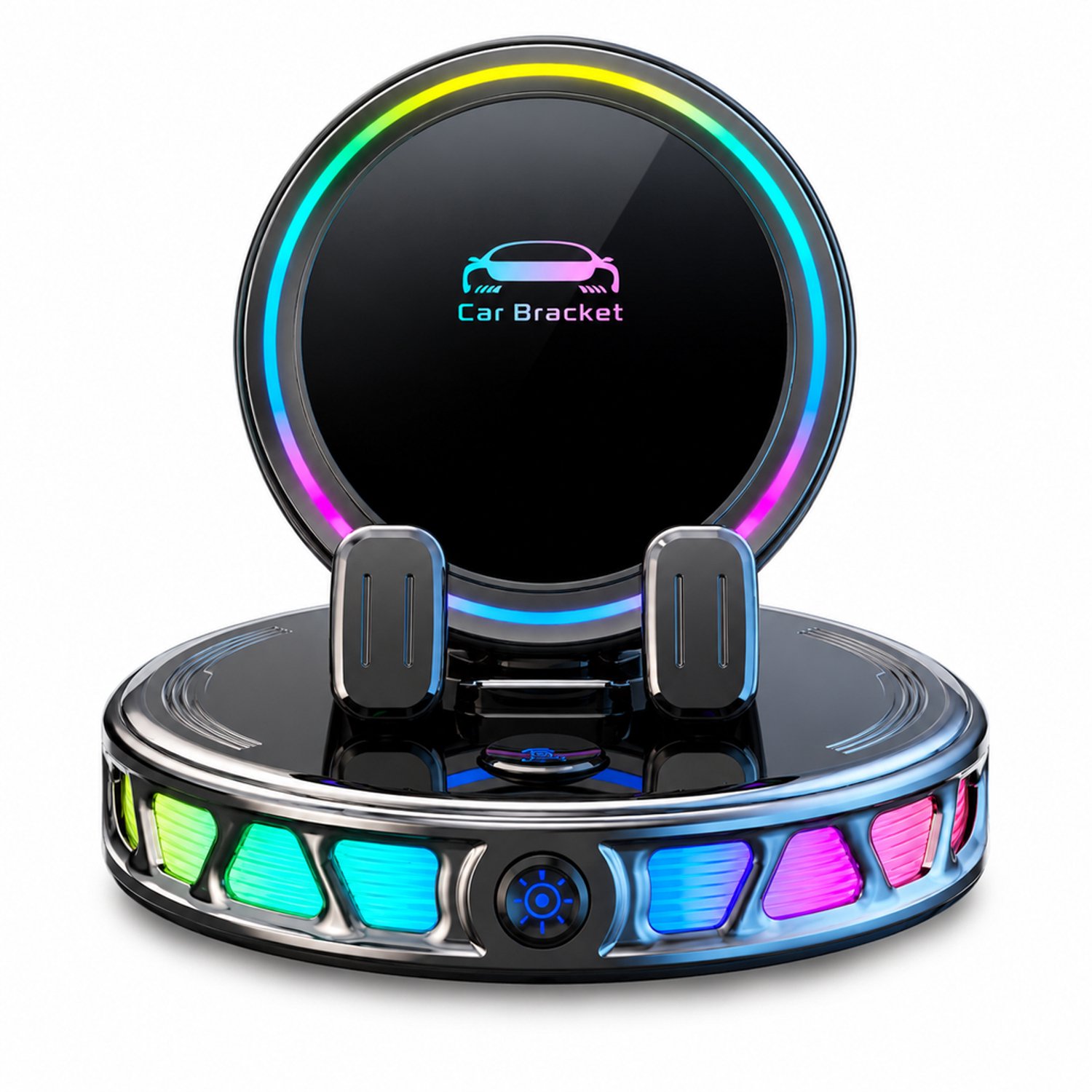 telefoonhouders auto draadloze telefoonhouder model 2026 met elektrische vergrendeling 360 graden draaibaar RGB sfeerverlichting voor dashboard zwart