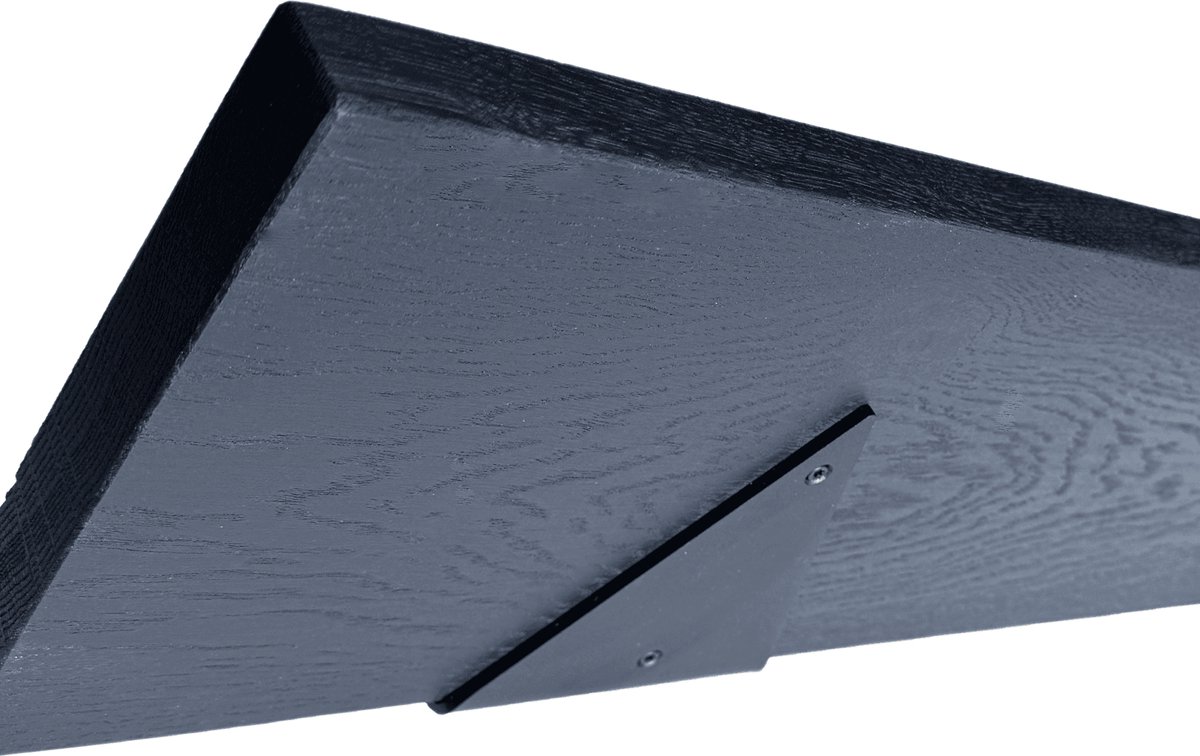 GoudmetHout Zwarte Eiken Wandplank - 260x20 cm - 4 Driehoek Plankdragers Mat Zwart Zwart eiken