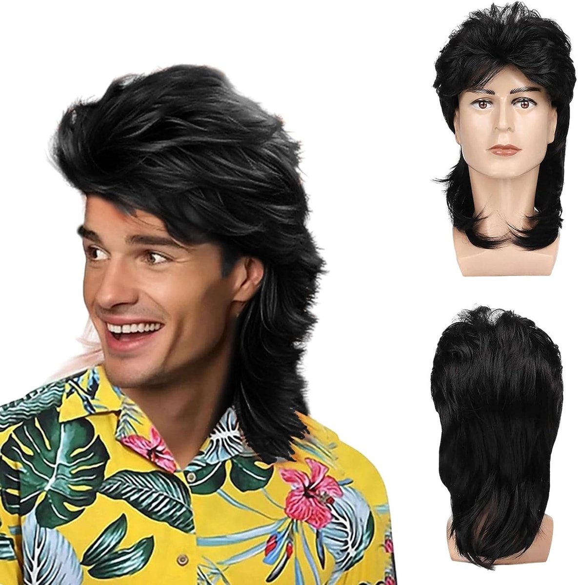 Zwarte Mullet Peruk voor Mannen, 80s Rocker Stijl, Lange Krullende Hippie Haar voor Carnaval en Halloween Kostuums