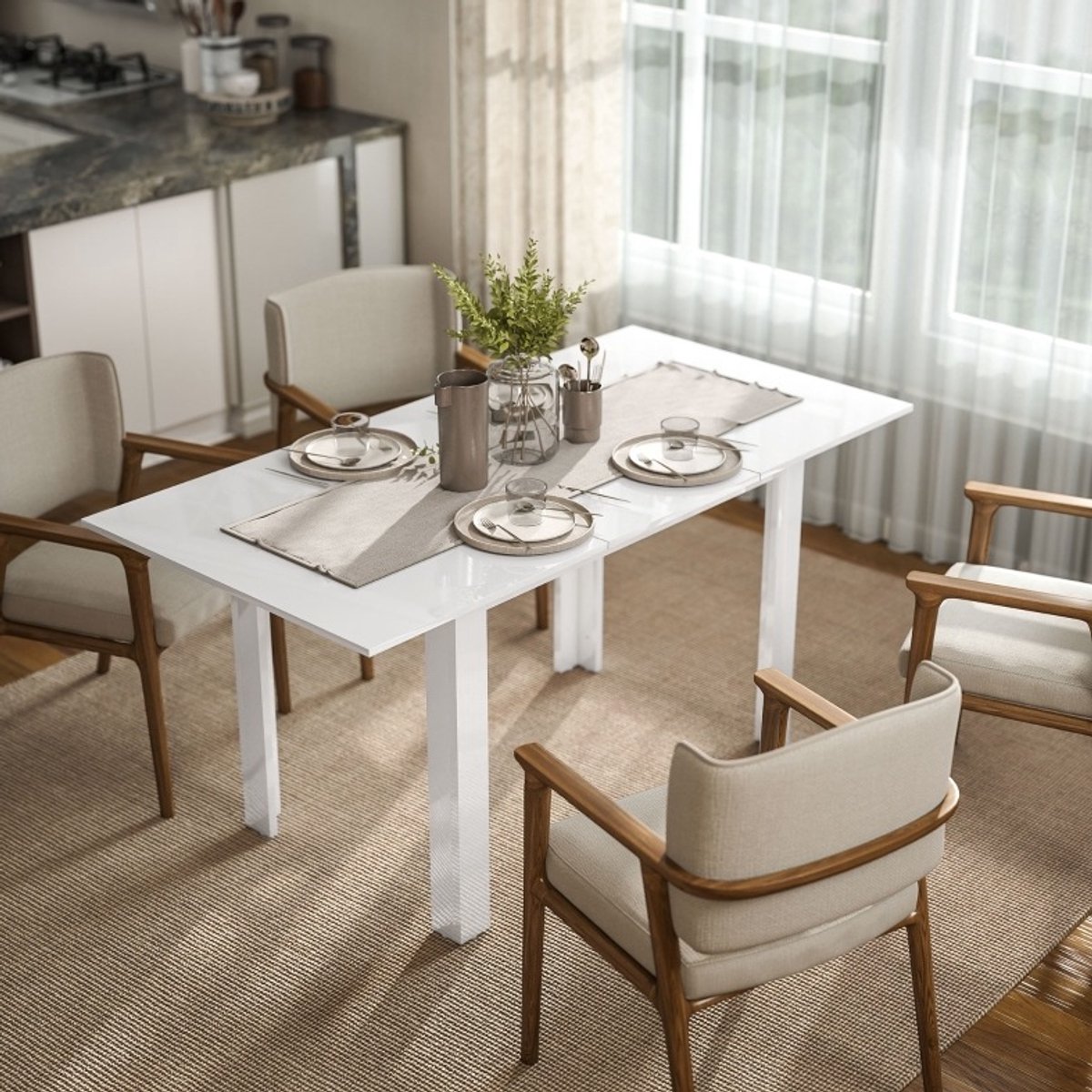 OKWISH Uitschuifbare Eettafel – Rechthoekig – 4 tot 6 Personen – Hoogglans Wit – MDF – 160 x 80 x 78 cm