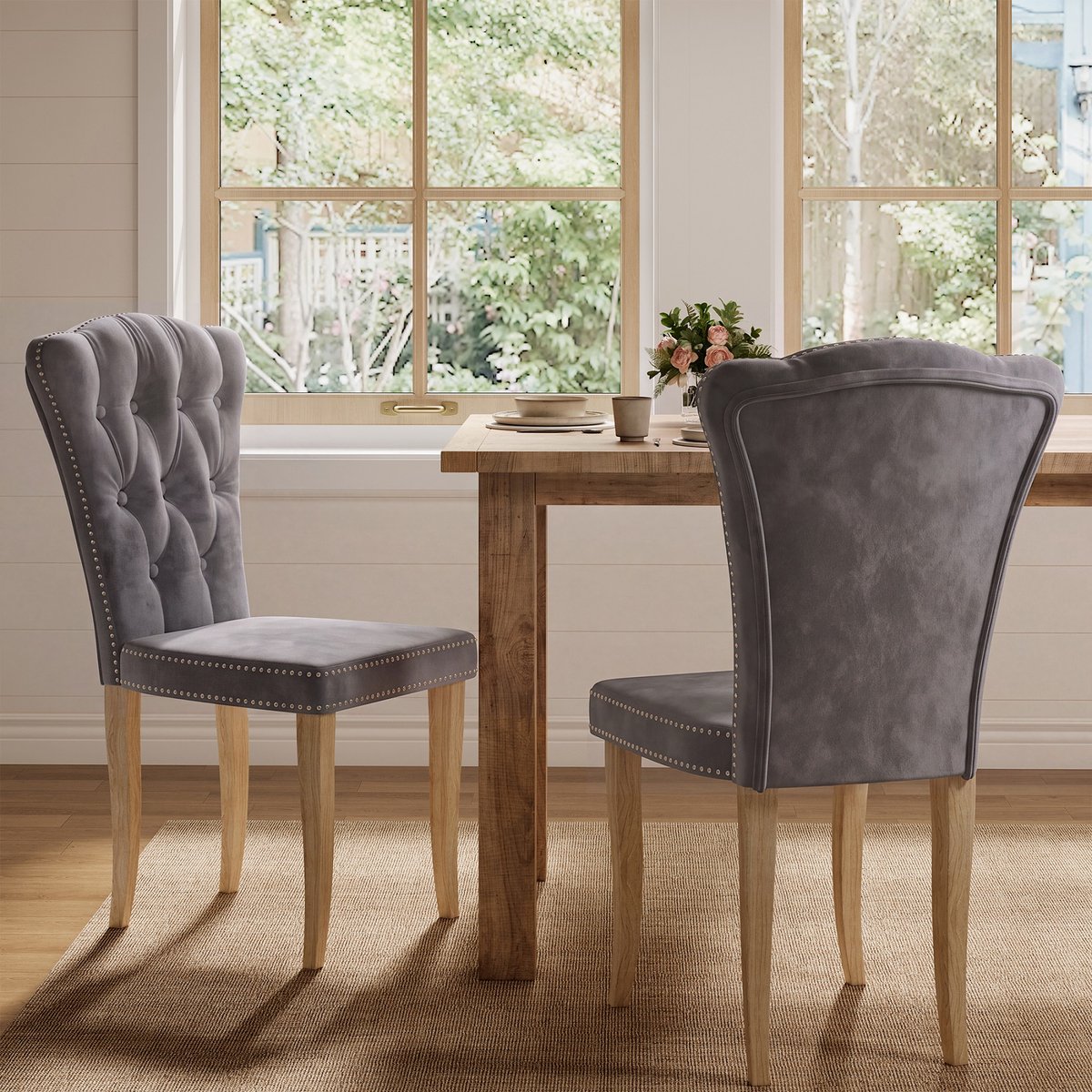 ROSAHQNDA Set van 2 eetkamerstoelen, gestoffeerde keukenstoelen van fluweel, middeleeuwse eetkamerstoelen met hoge rugleuning en houten frame voor keuken, eetkamer en woonkamer, 50x46x99cm, grijs