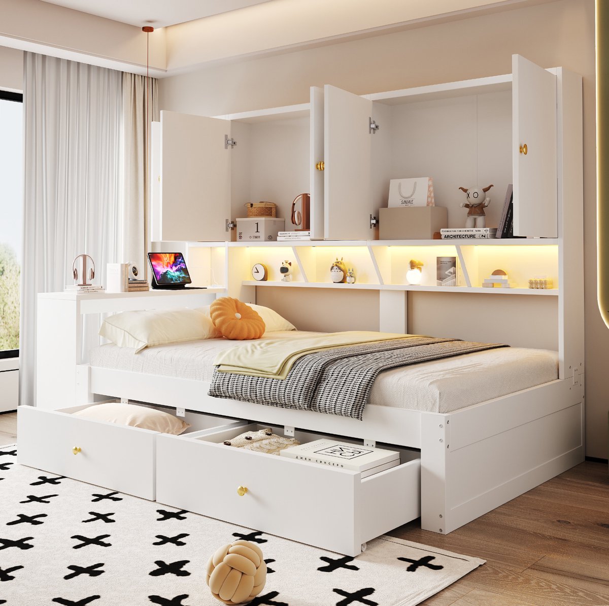 STILVORA Normaal Bed 90 x 200 cm – Eenpersoonsbed Met Bureau, Kasten, Legvakken & Laden – LED, Stopcontacten – MDF – Wit – Zonder Matras