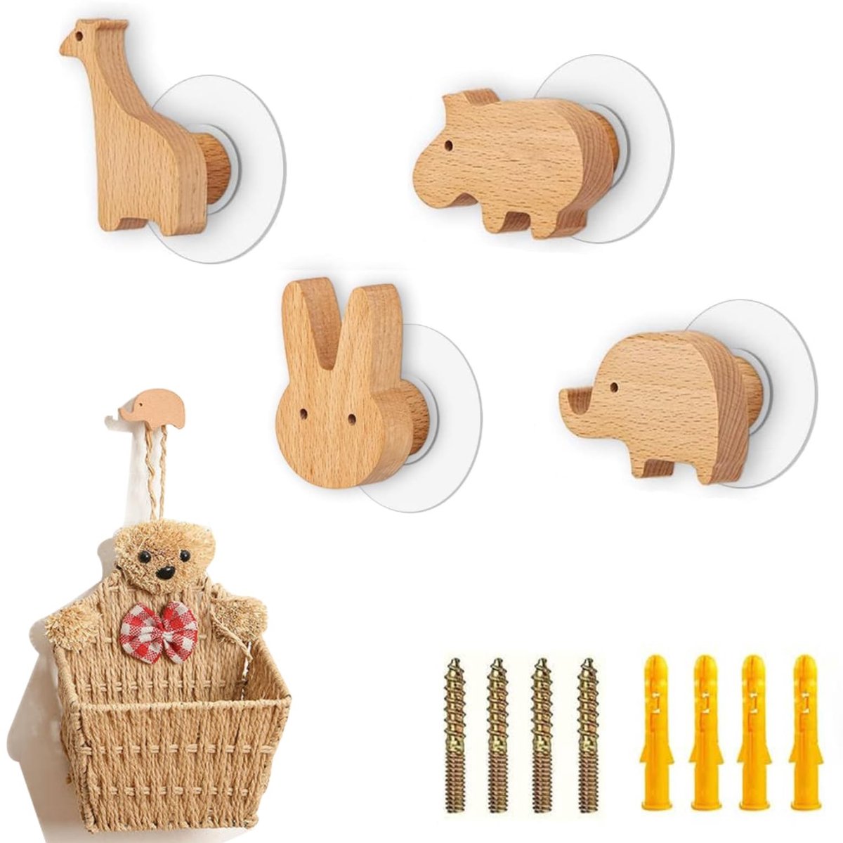 Elzusha - Wandhaken voor Kinderen - Houten Kapstok in Diervorm - Set van 4