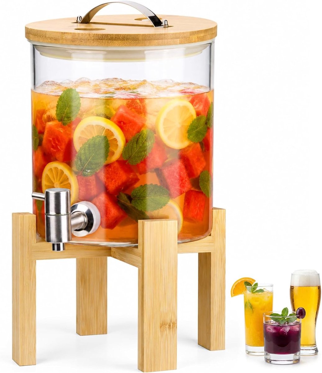 Grote Glazen Drankdispenser van 5 Liter met RVS Tap en Bamboe Stand voor Verfrissende Dranken, Perfect voor Feesten, Barbecues en Kampeertochten