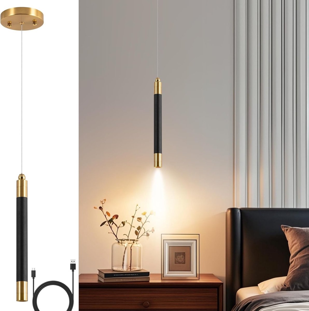 Hanglamp - Zwart - Dimbaar - Cilindervormige Accuhanglamp met USB-C Oplaadfunctie - Voor Slaapkamer en Woonkamer