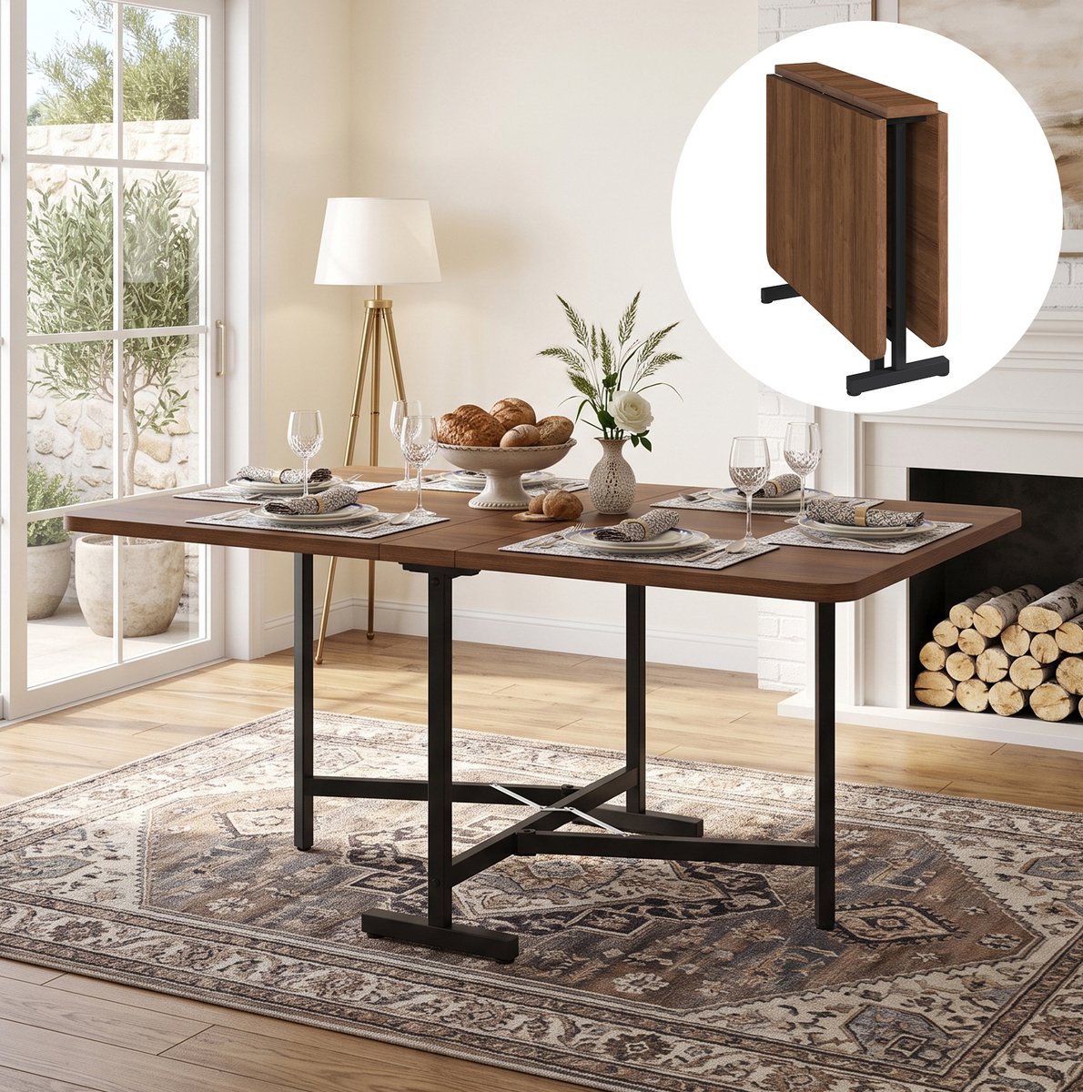 DESMIU Eettafel - Uitschuifbaar En Opklapbaar - Voor Kleine Ruimtes - MDF En Metaal - 120 x 80 x 75 Cm - Walnootkleur