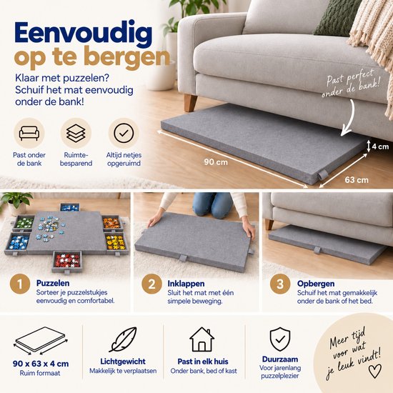 Illustratie van grijze puzzelmat die onder een bank is opgeborgen, met afmetingen en gebruiksinstructies.