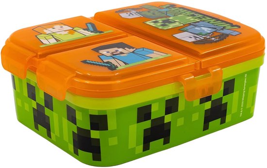 Groene broodtrommel met Minecraft-print en oranje deksel met vakjes. Deksel toont Alex, Steve en Creepers.