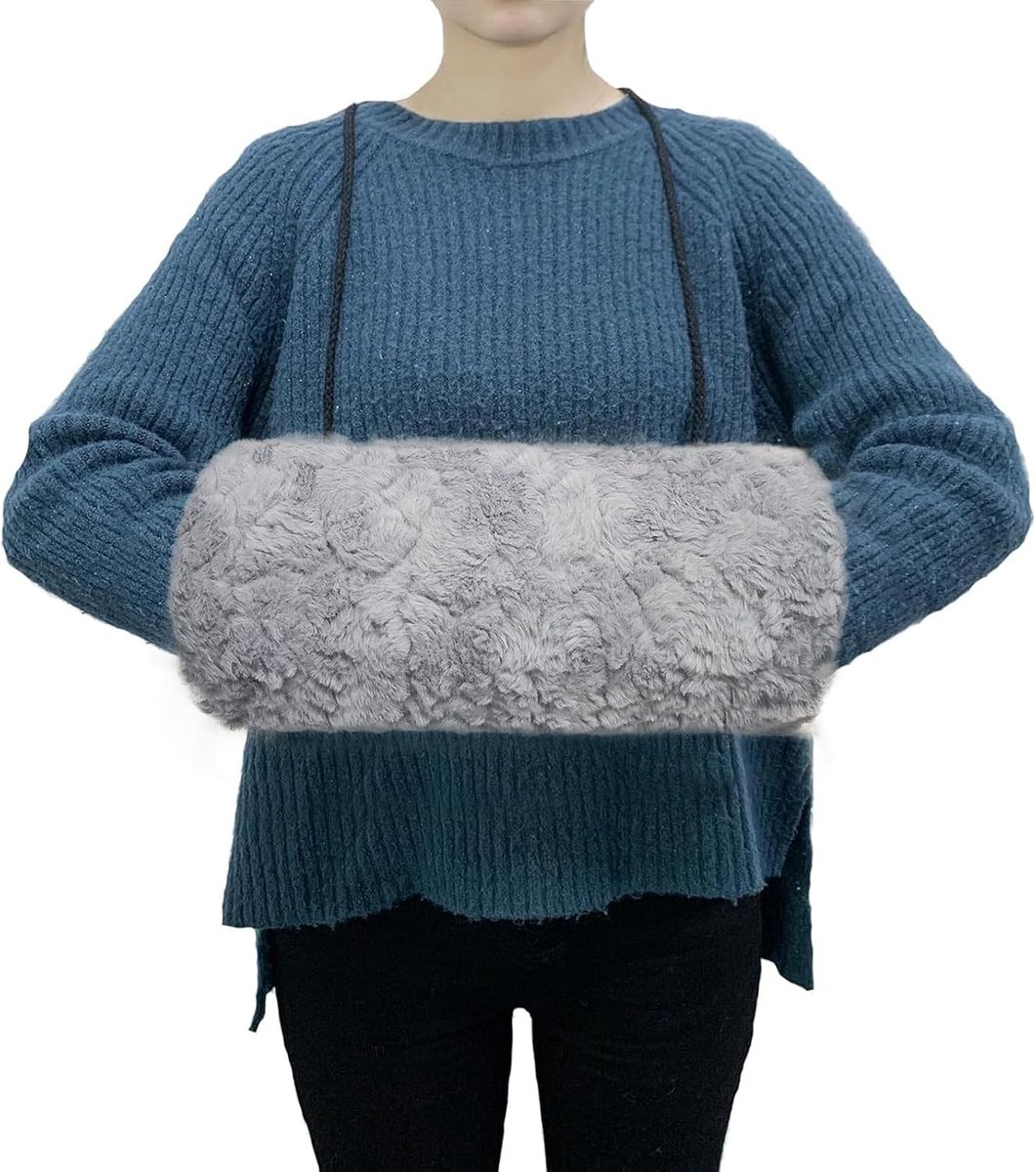 Draagbare handwarmer met pluche en faux fur manchet, ideaal voor warme handen in de winter, grijs en multikleurig, one size