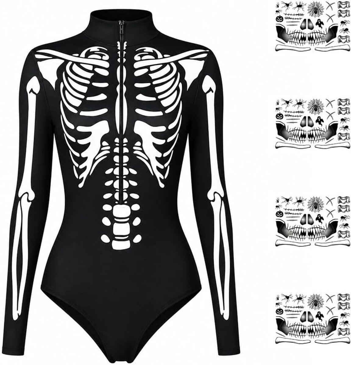 Dames skeletkostuum voor Halloween, inclusief 4 tattoo-stickers en comfortabele pasvorm