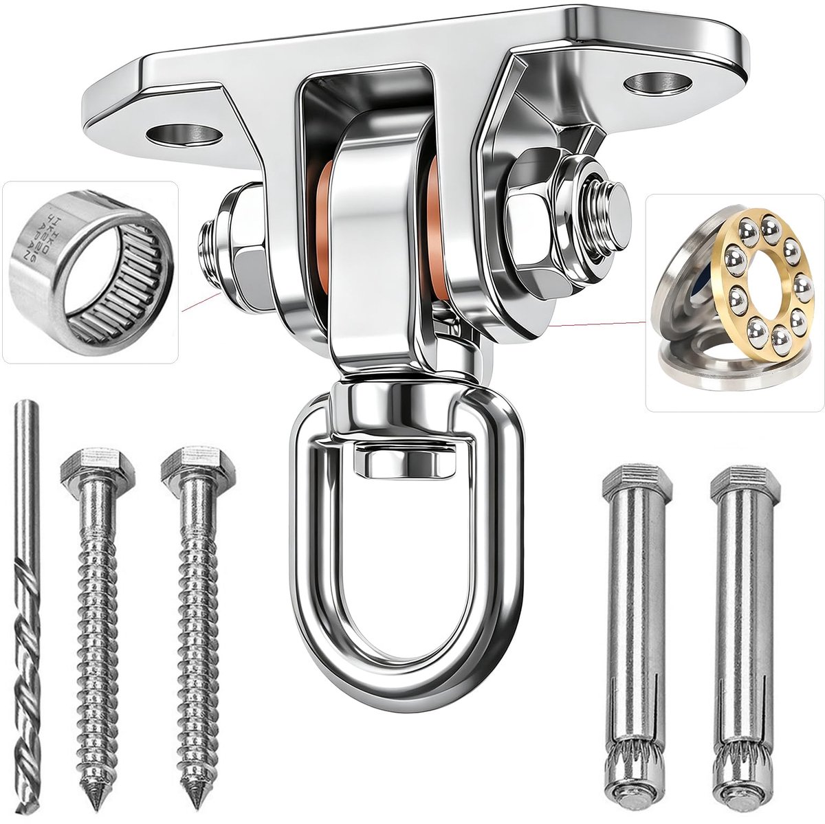 Zware Plafondhaak - RVS 304 - 360° + 180° Draaibaar - Met Lager - Voor Houten Balken en Betonnen Plafonds - Hangstoel, Hangmat, Schommel, Yoga, Bokszak - 540 kg Draagvermogen