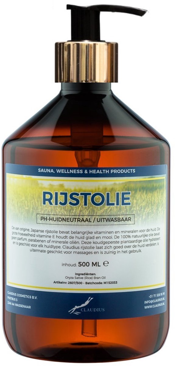 Rijstolie 500 ml met gouden pomp - 100% natuurlijk - biologisch en koud geperst