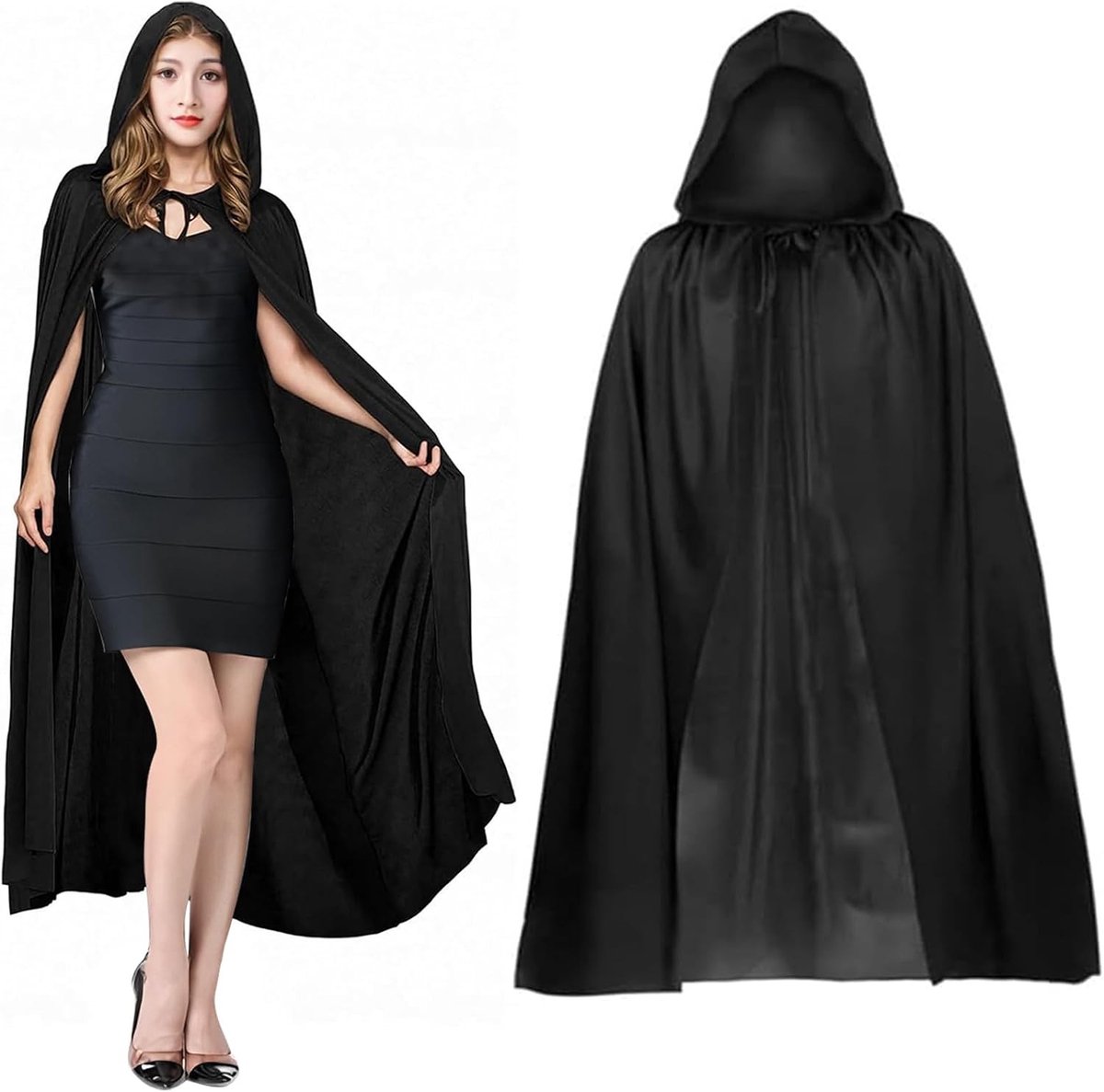 Halloween Zwarte Cape met Kap voor Vampier Kostuum en 20 Waterdichte Tattoo Scar Stickers voor Volwassenen en Kinderen - Cosplay Accessoires voor Feest en Verkleedpartijen