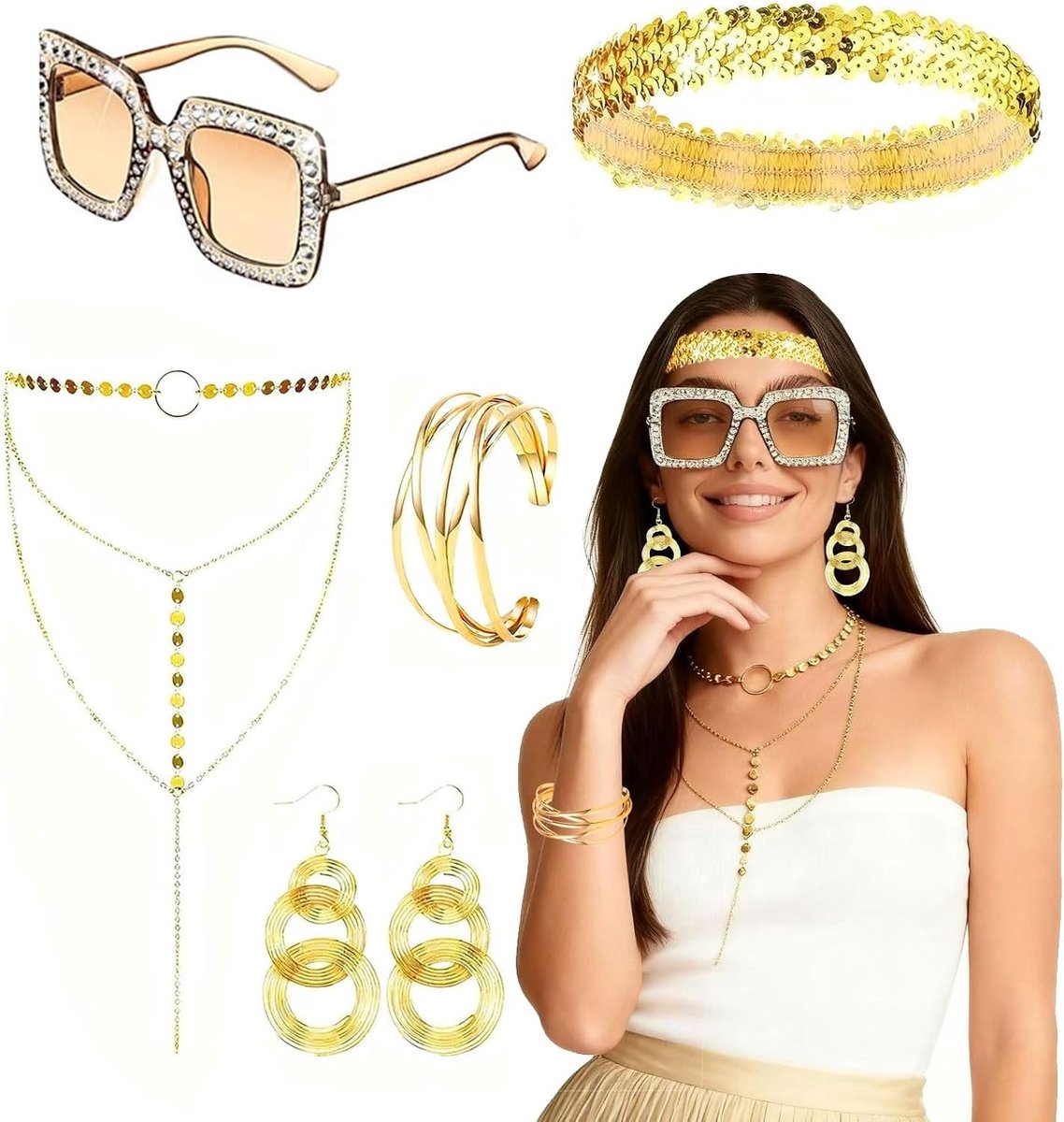 Disco Kostuum Accessoires voor Vrouwen - Paillette Hoed, Sequin Bril, Armband en Beenwarmers voor 70s Thema Feest en Carnavalsviering