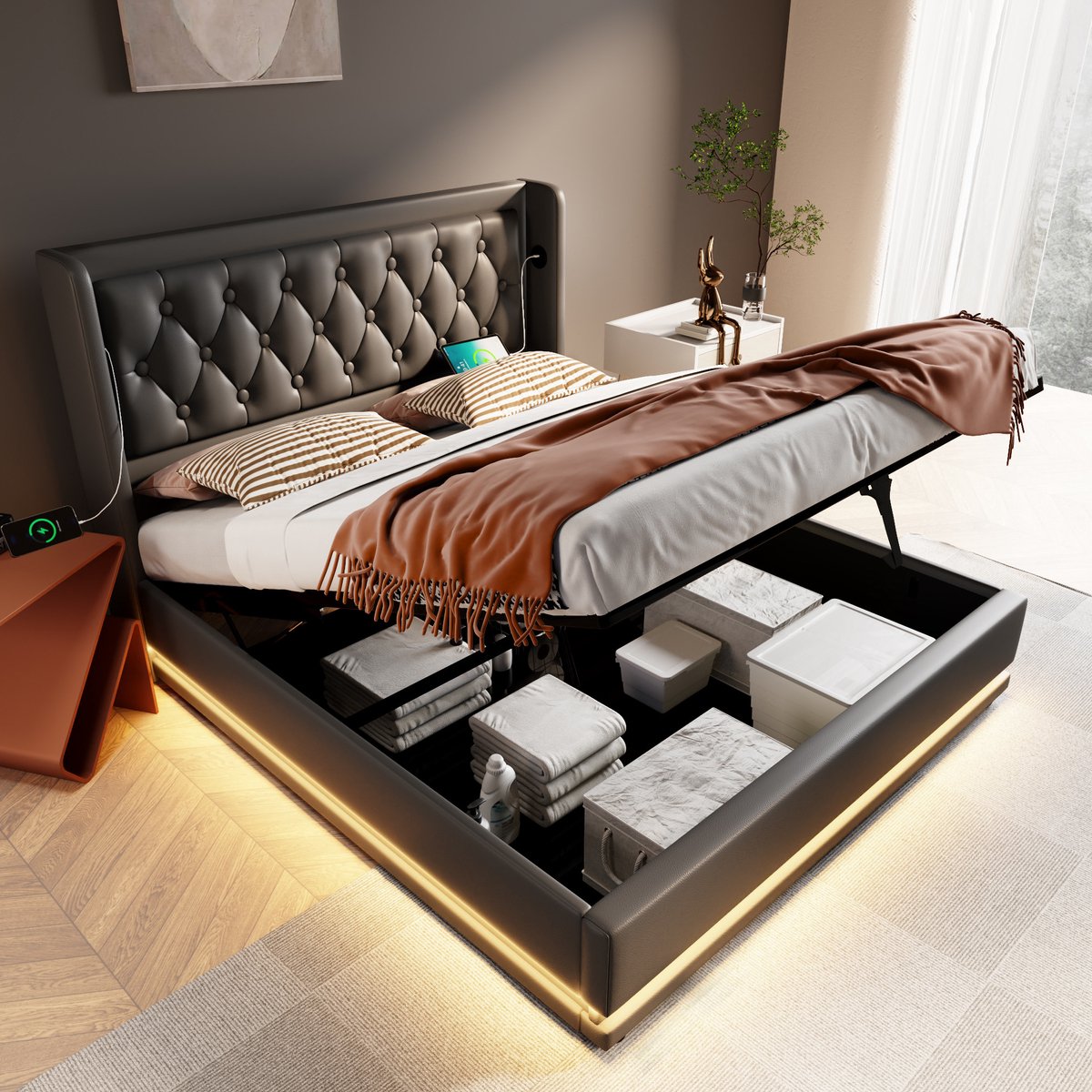 MIVRAY Gestoffeerd Bed 180x200 cm - Tweepersoonsbed met USB en Type C Oplaadpunten - Hydraulische Opbergruimte - LED - PU - Zwart