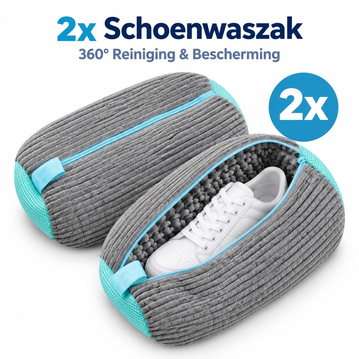 Geweo Waszak Schoenen Met Rits-2 Stucks-Cilindrisch Schoen Waszak-Polyester-Katoenmix-Voorkomen Van Vervorming-360° Uitgebreide Reiniging-Schoenen Waszak Wasmachine-Grijs