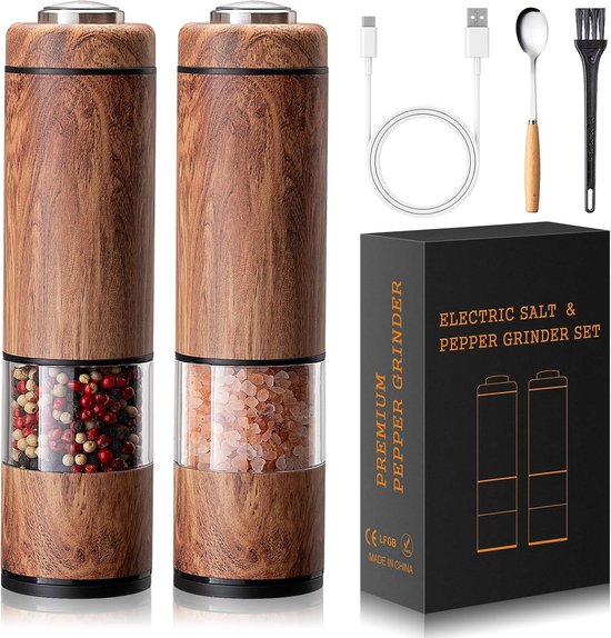 Elektrische zout- en pepermolenset, USB-oplaadbaar, automatische zout- en pepermolenmolen met instelbare grofheid, elektrische zoutshakers, LED-licht, navulbaar (2 stuks, Greige & Buttercream