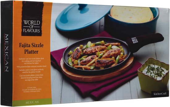 Gietijzeren Sissende Serveerplaat met Houten Onderplaat voor Fajita's — afbeelding 2