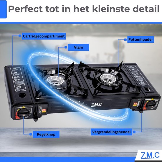 ZMC Campinggasfornuis 2-pits 2,5 kW incl. adapter voor LPG-aansluiting + opbergkoffer Campingfornuis met gaspatronen, met piëzo-ontsteking, voor gebruik binnen en buiten - Gasfornuis met 8 gaspatronen van Z.M.C — afbeelding 5