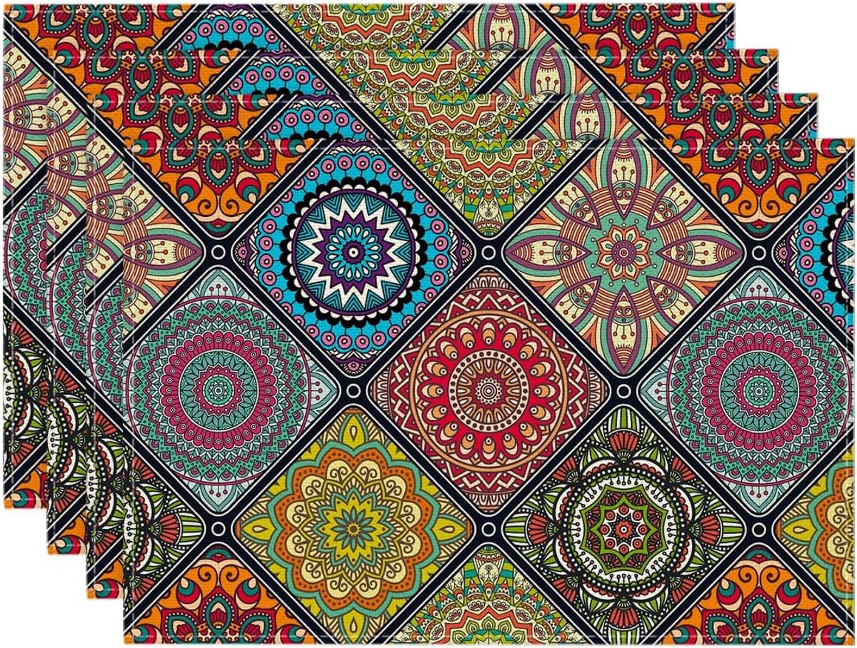 Set van 4 Boho Vintage Geometrische Placemats 30x45 cm - Kleurrijk en Wasbaar