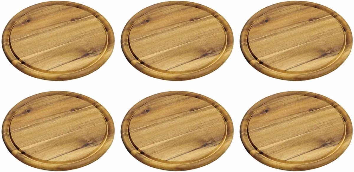 Ronde Houten Steak-/Vleesplanken Acaciahout Set van 6 met Sapgoot