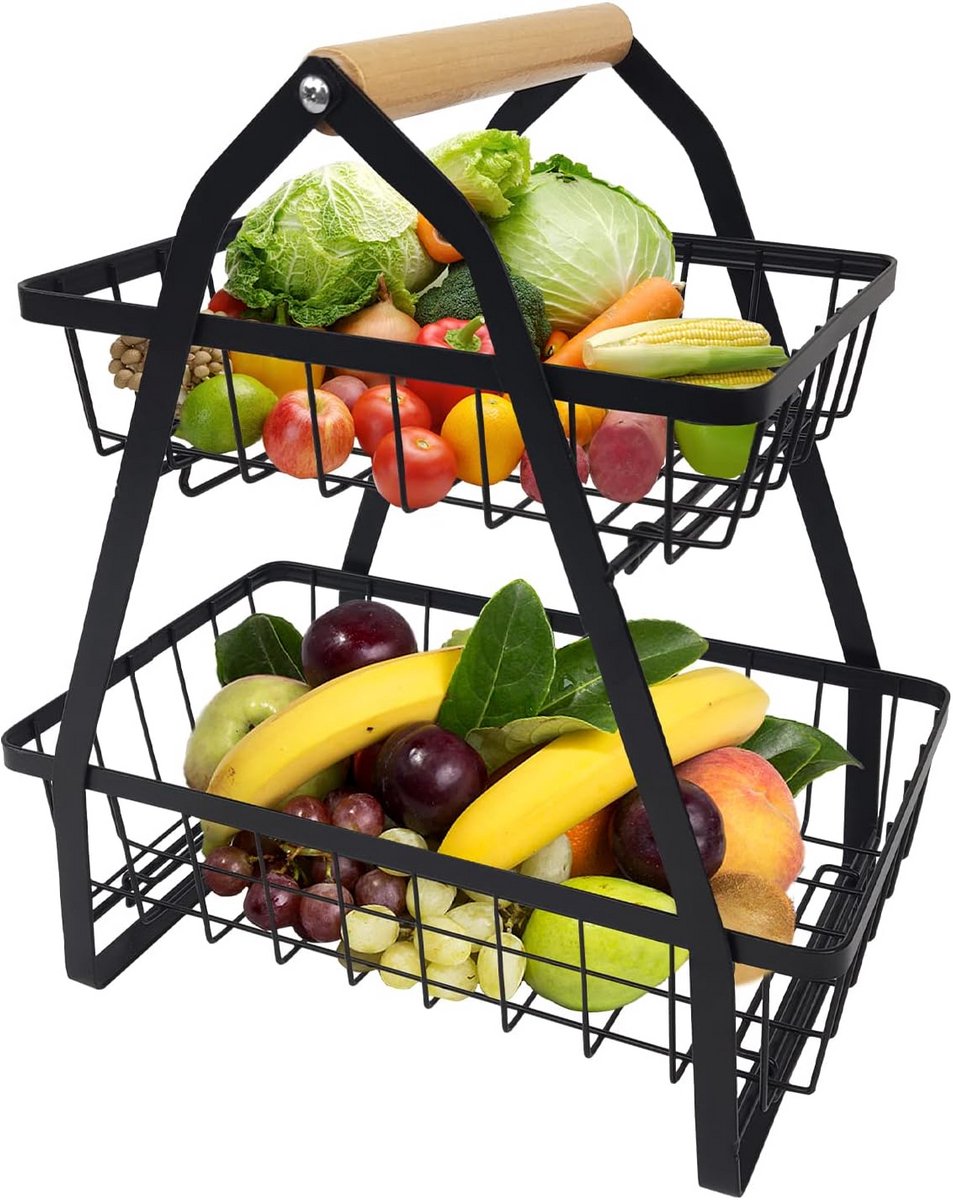 Fruitmand Met Twee Lagen - Opbergmand Keuken - Keuken Organiseren - Afneembaar Ontwerp - 32 x 30 x 18 cm
