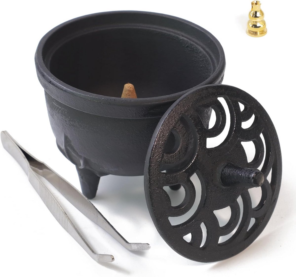 Wierookstokjeshouder van gietijzer met lotusbloesemdeksel voor aromatherapie en zen-decoratie