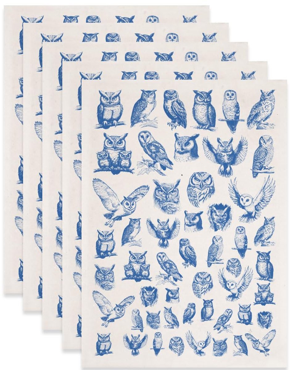 5 stuks uilen onderglazuur transferpapier voor keramiek, porselein, blauwe onderglazuur decals met vogel- en dierenontwerpen voor aardewerk en emaille decors